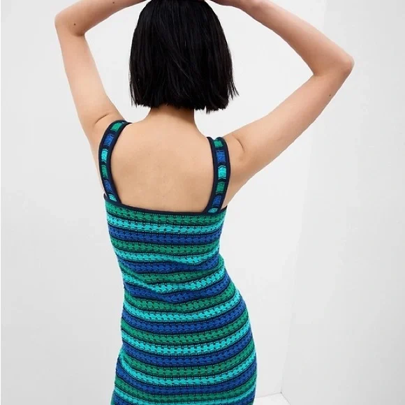 GAP Crochet Blue and Green Striped Mini Dress Preppy Bohemian Indie Bodycon - Picture 2 of 8